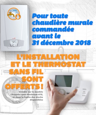 Pour toute chaudière murale commandée avant le 31 décembre 2017, L’installation et le thermostat sont offerts ! Valable sur le modèle Chappée Luna Platinium HTE, et dans la limite des stosks disponibles. 